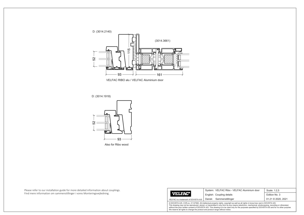 Coupling details, VELFAC Ribo - VELFAC aluminium doors